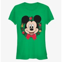 Cheap 💯 Disney Mickey Mouse Face Holiday Wreath Classic Girls T-Shirt 🔥